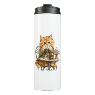 Niedliche flauschige Katze trinkt Kaffee Vintage-W Thermosbecher