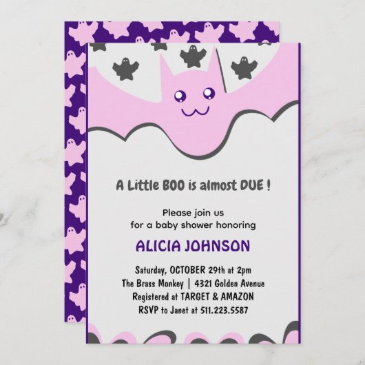 Niedliche Fledermaus Lila Little Boo Halloween Kin Einladung (Vorne/Hinten)
