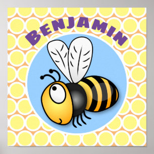 Niedliche, fliegende Bienengelb-Cartoon-Abbildung Poster