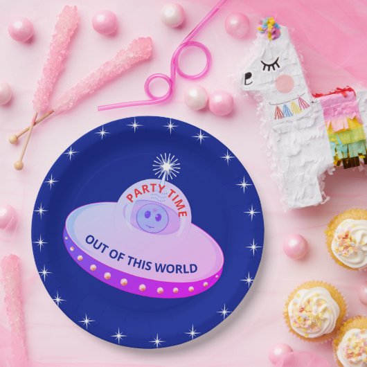 Niedliche fliegende Untertasse, Alien & Sterne auf Pappteller (Party)
