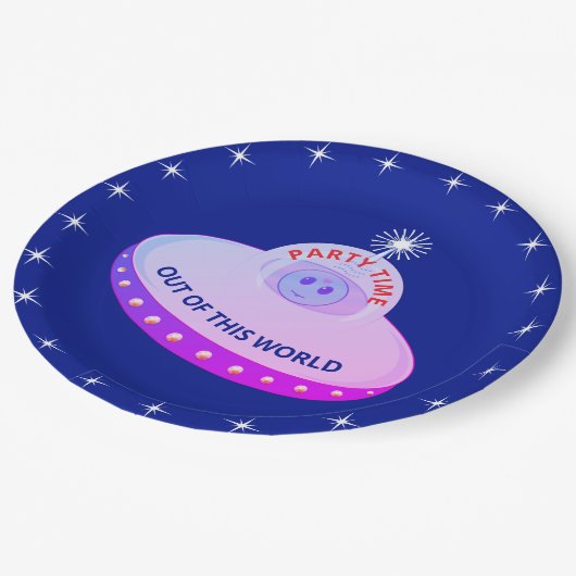 Niedliche fliegende Untertasse, Alien & Sterne auf Pappteller (Schrägansicht)