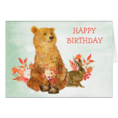 Niedliche Floral Bouquet Bear Rabbit Geburtskarte (Vorderseite (Horizontal))