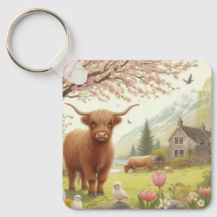 Niedliche, florale/frühlingshaltige Kuh Schlüsselanhänger