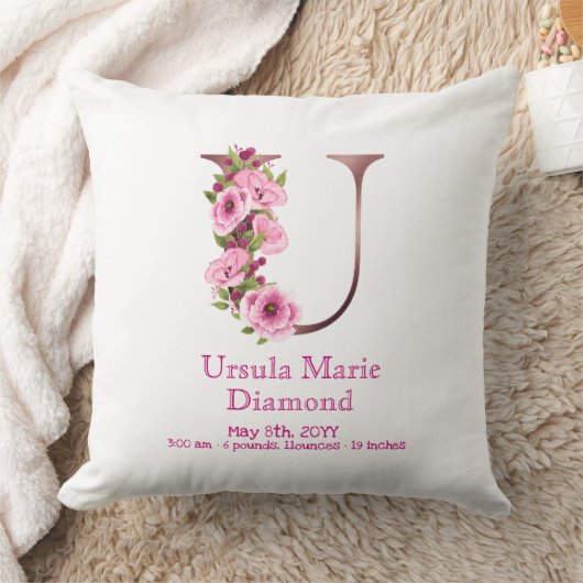 Niedliche florale Rose Gold U Monogram Birth State Kissen (Decke)