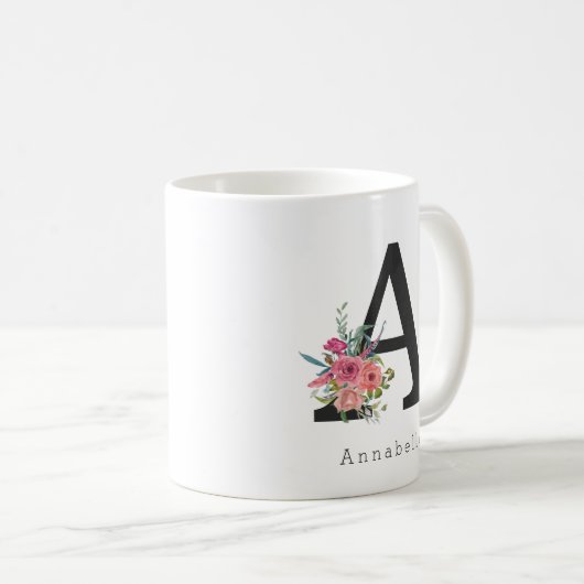 Niedliche florale Wasserfarbe Boho Rosa Monogramm Kaffeetasse (VorderseiteRechts)