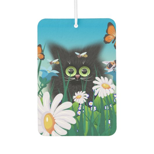 Niedliche Fluffy Black Kitten und Daisies Art Autolufterfrischer (Vorderseite)