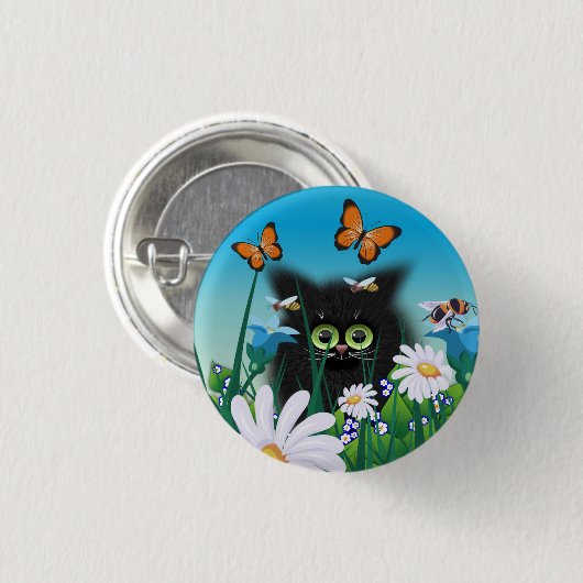 Niedliche Fluffy Black Kitten und Daisies Art Button (Vorne & Hinten)