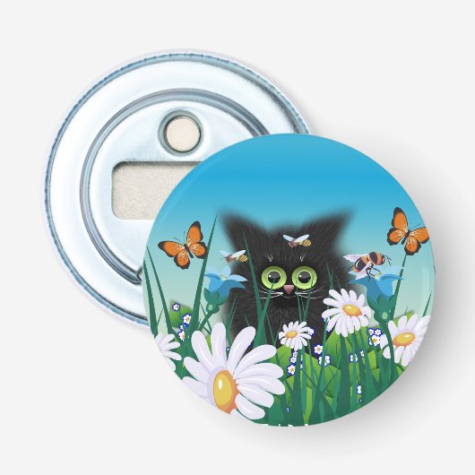 Niedliche Fluffy Black Kitten und Daisies Art Flaschenöffner (Vorderseite)