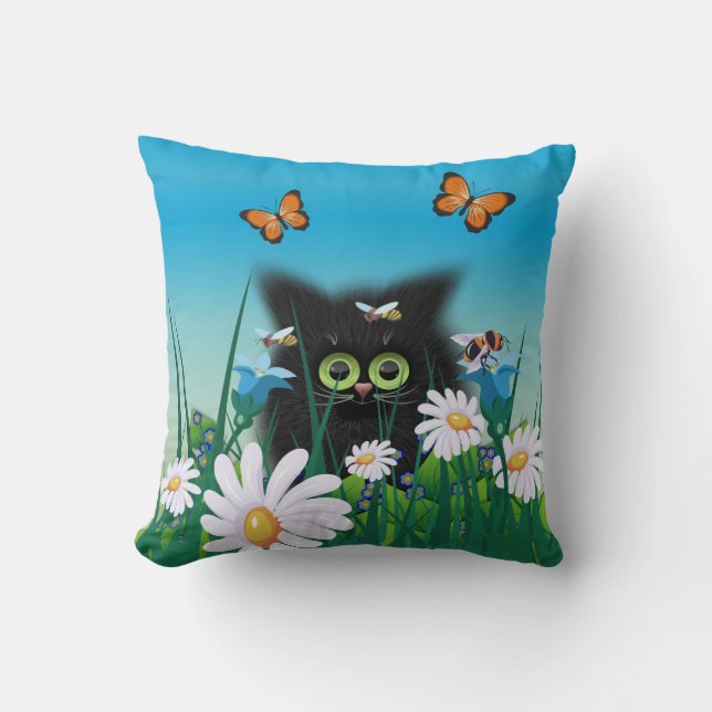 Niedliche Fluffy Black Kitten und Daisies Art Kissen (Vorderseite)