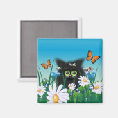 Niedliche Fluffy Black Kitten und Daisies Art Magnet (Vorderseite/Rückseite)
