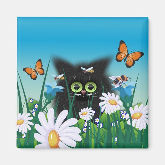 Niedliche Fluffy Black Kitten und Daisies Art Magnet (Vorne)
