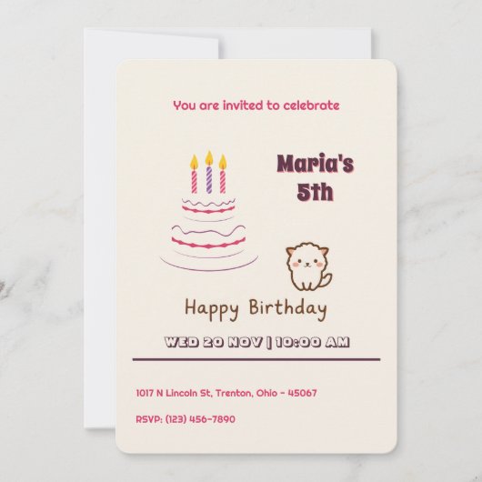 Niedliche Fluffy Katze mit Geburtstagskuchen Einladung (Vorderseite)