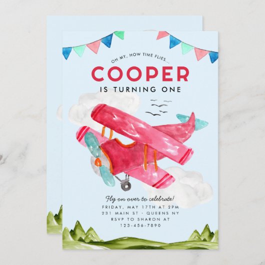 Niedliche Fluggesellschaft Watercolor Sky Red Airp Einladung (Vorne/Hinten)