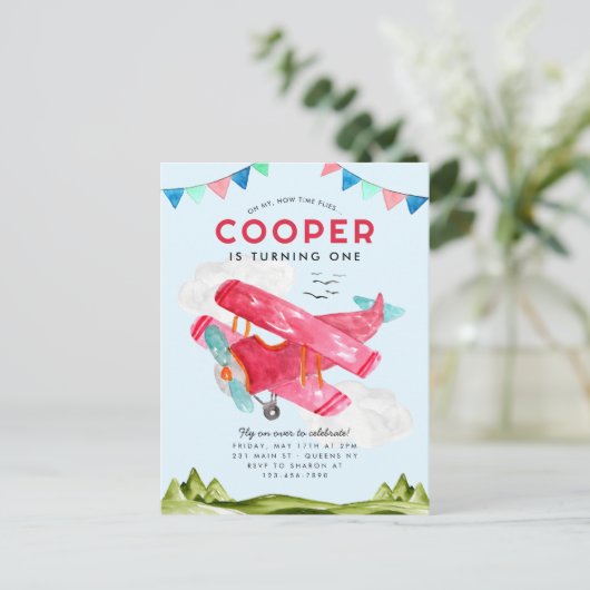 Niedliche Fluggesellschaft Watercolor Sky Red Airp Postkarte (Stehend Vorderseite)