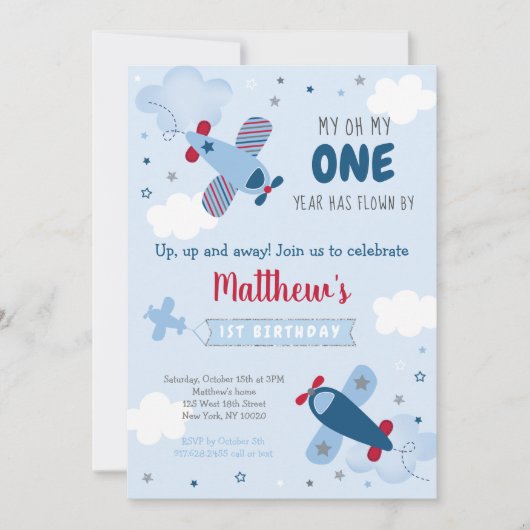 Niedliche Flugzeuge Sterne Wolken ersten Geburtsta Einladung (Vorderseite)