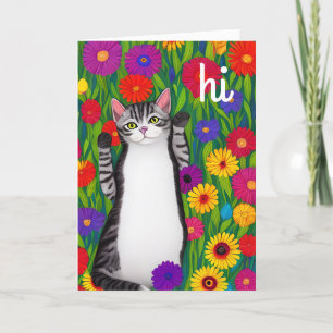 Niedliche Folk Art Cat Sprichwort Hi unter Blume Karte