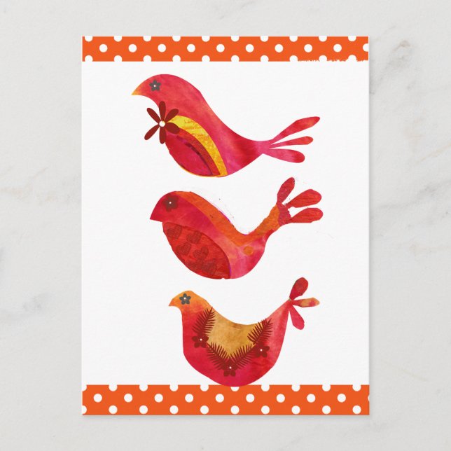 Niedliche Folk Art Red Bird Trio Postkarte (Vorderseite)