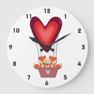Niedliche Fox-Paare im Herz-Luft-Ballon Große Wanduhr