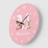 Niedliche Fox- und Kaninchen-Baby-Monogramm Pink Große Wanduhr (Winkel)