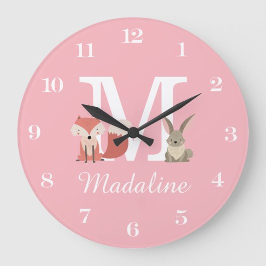 Niedliche Fox- und Kaninchen-Baby-Monogramm Pink Große Wanduhr (Vorderseite)
