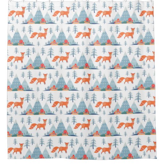 Niedliche Fox- und Mountain-Muster Duschvorhang (Vorderseite)