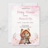 Niedliche Fox Woodland Tiere Rosa Blumenbaby-Dusch Einladung (Vorderseite)