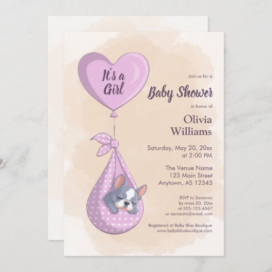 Niedliche französische Bulldog Puppy Pink Heart Ba Einladung (Vorne/Hinten)