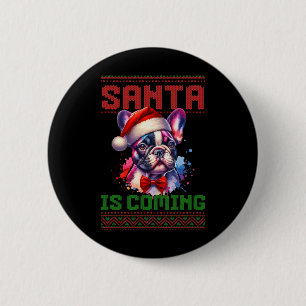 Niedliche französische Bulldog-Weihnachtsmannmütze Button