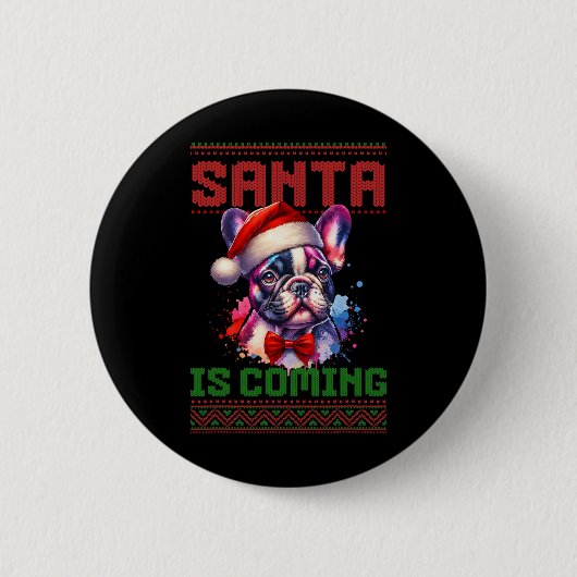 Niedliche französische Bulldog-Weihnachtsmannmütze Button (Vorderseite)