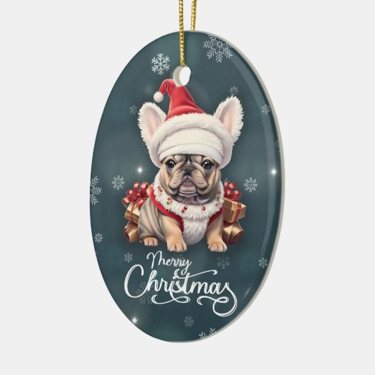 Niedliche französische Bulldog-Weihnachtsmannmütze Keramik Ornament (Links)