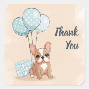 Niedliche französische Bulldog Welpe Blue Balloon  Quadratischer Aufkleber