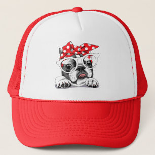 Niedliche französische Bulldogge, farbenfrohe Head Truckerkappe