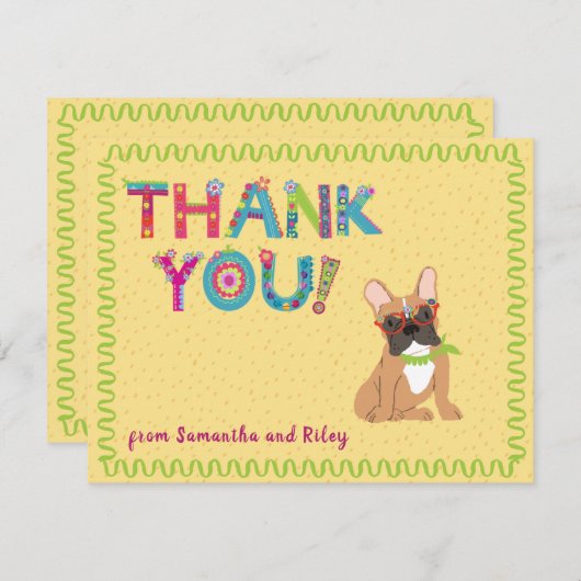 Niedliche französische Bulldoggen-Floral-Briefe Dankeskarte (Vorne/Hinten)