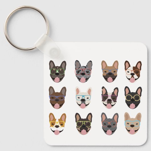 Niedliche französische Bullhunde mit Brillen Schlüsselanhänger (Vorderseite)