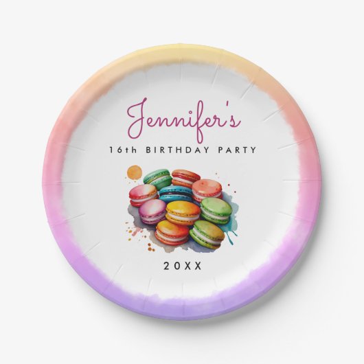 Niedliche französische Macaron Cookies Aquarell Pappteller (Vorderseite)