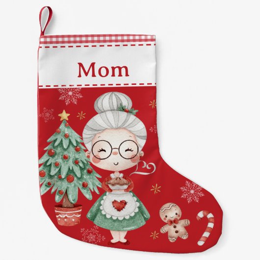 Niedliche Frau Claus Tree Gingerbread Man Red Ging Kleiner Weihnachtsstrumpf (Vorderseite)