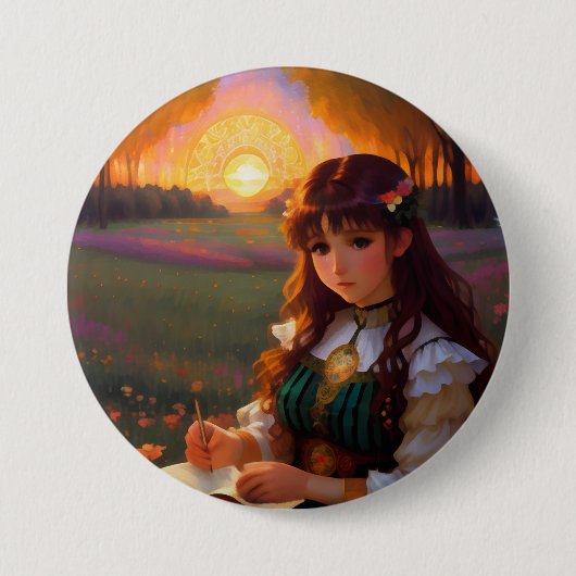 Niedliche Frau im Stile trauriger Anime bei Sonnen Button (Vorderseite)