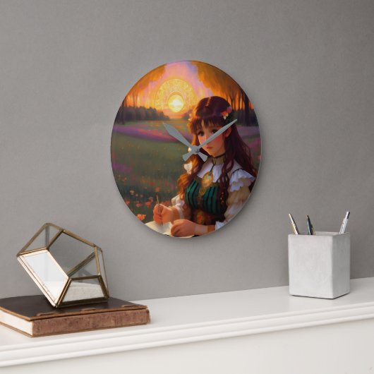 Niedliche Frau im Stile trauriger Anime bei Sonnen Große Wanduhr (Büro)