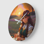 Niedliche Frau im Stile trauriger Anime bei Sonnen Große Wanduhr (Winkel)