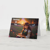 Niedliche Frau im Stile trauriger Anime bei Sonnen Karte (Vorderseite)