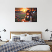 Niedliche Frau im Stile trauriger Anime bei Sonnen Leinwanddruck (Insitu (Schlafzimmer))