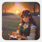 Niedliche Frau im Stile trauriger Anime bei Sonnen Quadratischer Aufkleber (Vorderseite)