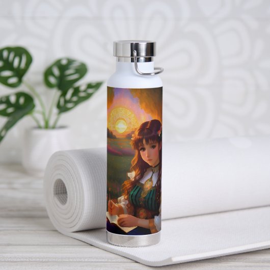 Niedliche Frau im Stile trauriger Anime bei Sonnen Trinkflasche (Yoga)