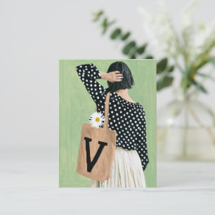 Niedliche Frau in Schwarz-Weiß-Polka-Punkten Postkarte
