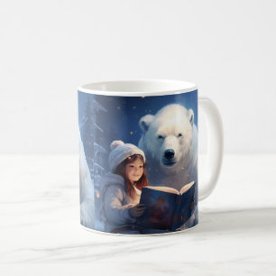 Niedliche Freunde - Eisbär und Mädchen Lesen eines Kaffeetasse