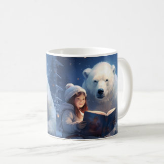 Niedliche Freunde - Eisbär und Mädchen Lesen eines Kaffeetasse