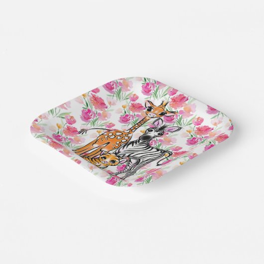 Niedliche Freundin Safari, Giraffe, Zebra, Tiger Pappteller (Gewinkelt)