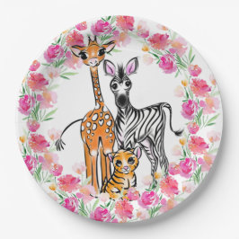 Niedliche Freundin Safari, Giraffe, Zebra, Tiger Pappteller