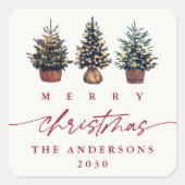 Niedliche frohe Weihnachten Wasserfarben-Tree Rote Quadratischer Aufkleber (Vorderseite)
