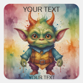 Niedliche fröhliche, lustige kleine Goblinkreatur Quadratischer Aufkleber